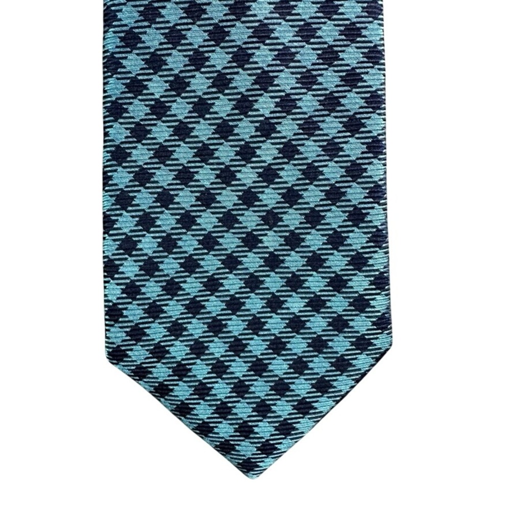 IZOD Mens Silk Necktie Teal Navy Blue Geometric Checkered Pattern Business Tie